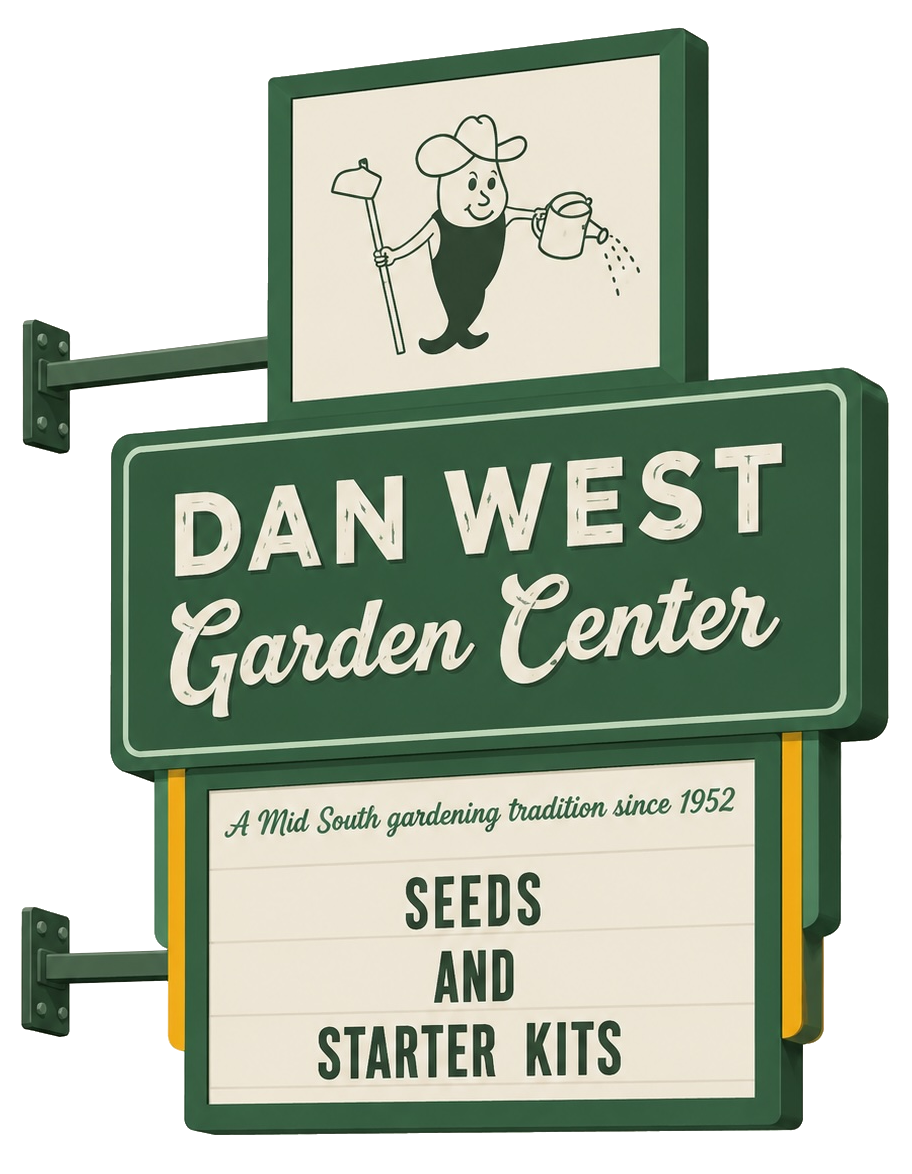 Illustration of the Dan West Garden Center sign with the mascot and seed starter kit message